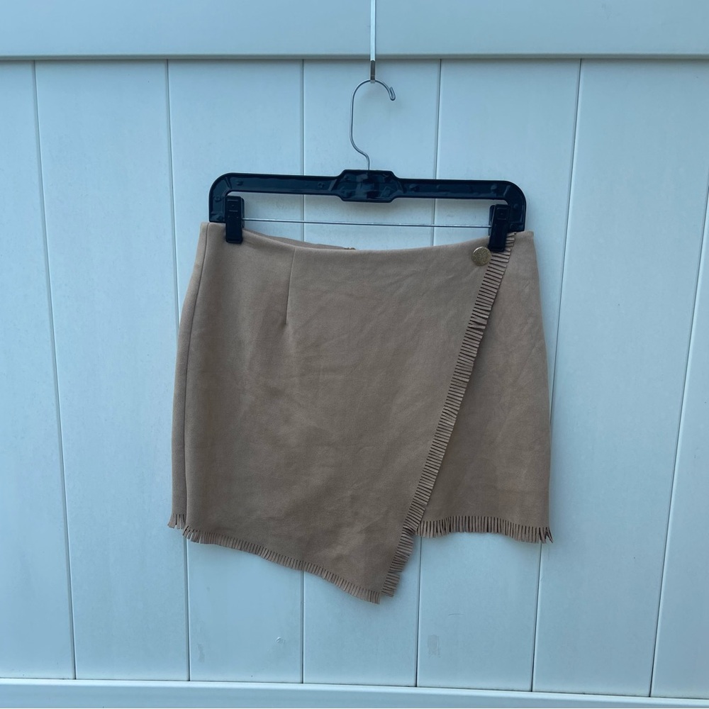 Shein Fringe Trim Faux Suede Asymmetrical Wrap Mini Skirt, Women’s Size M, Khaki